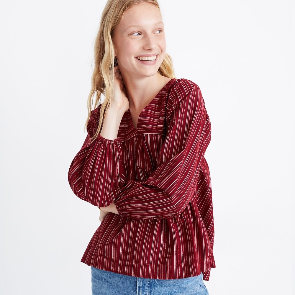 Madewell Swingy Peasant Top in Metallic Stripe Red Sz XS